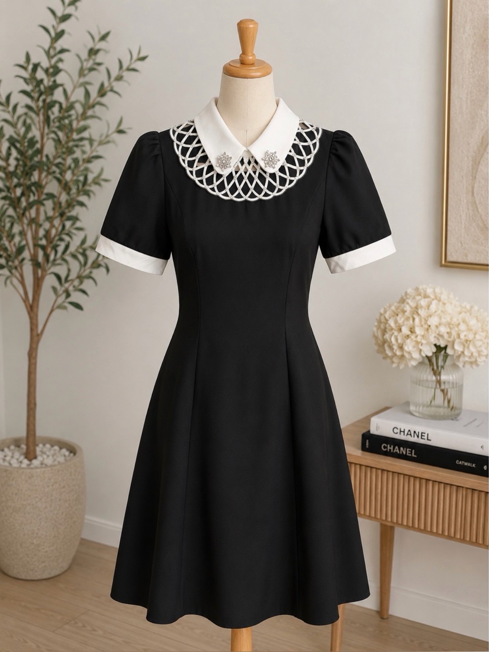 Black Midi Dress with Decorative White Collar